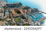 Aerial view of Monaco City and The Stade Louis II Stadium venue for football, home of AS Monaco, located in the Fontvieille district ft. famous Monte-Carlo, Cap d’Ail Marina, Monaco Ville 5.5K UHD 