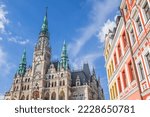 Colorful houses and historic town hall in Liberec, Czech Republic