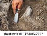 Small photo of Archaeological excavations, archaeologists work, dig up an ancient clay artifact with special tools in soil