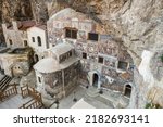 Ancient christian frescoes inside the Rock Church at Sumela Monastery in Trabzon, Turkey. Historic chapel covered with old christian icons inside the monastery
