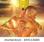 Egyptian couple in love,hugging with pyramid background, Sun and tattoo back. Fantasy digital art, 3d render illustration, perfect for themes on love, couples, Egypt, romance and more.