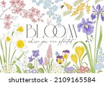 Spring blossom flower butterfly hand drawn vector illustration. Bloom where you are planted phrase. Vintage delicate romantic nature print poster card.