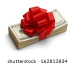Christmas Bonus Stack of Cash With Red Bow Isolated on White Back Ground.