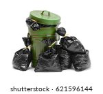 Garbage Can and Pile of Trash Bags Isolated on White Background.