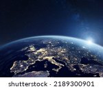 Small photo of Europe at night viewed from space with city lights showing activity in European Union countries. 3d render of planet Earth. Elements from NASA. Technology, global communication, world.
