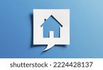Small photo of House symbol for real estate and housing concepts, buy or sell home, become homeowner, mortgage, maintenance, repair, refurbish, investment, property market. Cutout paper on blue background.