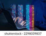 Big data analysed with AI technology for business analytics. Getting insights from data mining, filtering, sorting, clustering. Data scientist working on visualization on virtual computer screen.