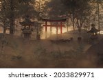 3d rendering of an old japanese shrine with torii gate and stone lantern in the evening light