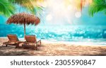 Small photo of Deckchairs With Parasol With Leaves Palm In Tropical Beach With Sunny Sand And Ocean - Abstract Defocused Seascape And Glittering Effects