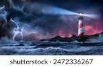 Lighthouse In Storm - Leader And Vision Concept - Landscape With Milky Way Against Dramatic Sky