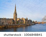 River Tay embankment with St Matthews Church of Scotland in Perth, Scotland