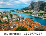 Small photo of Fantastic aerial view with red roofs and spectacular Cetina river from the Mirabella fortress, Omis, Dalmatia, Croatia, Europe