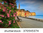 Wonderful romantic old town of Rovinj with beautiful pink oleander flowers,Istrian Peninsula,Croatia,Europe