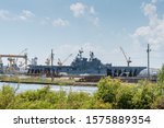 Small photo of Pascagoula, MS - ‎June ‎9, ‎2019: The ship yard of Ingalls Shipbuilding with several military Navy war ships
