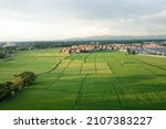 Small photo of Land or landscape of green field in aerial view. Include agriculture farm, house building, village. That real estate or property. Plot of land to housing subdivision, development, sale or investment.