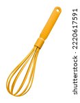 Small photo of Yellow plastic balloon whisk isolated on white background
