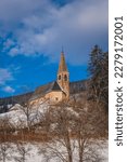 Small photo of Small church in St. Magdalena or Santa Maddalena in Geislergruppe or Gruppo dele Odle Italian Dolomites Alps mountains. January 2023