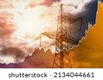 Transmission tower and raising sparkline chart representing electricity prices rise during global energy crisis.