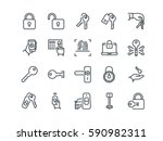 Keys and Locks. Set of outline vector icons. Includes such as Car Keys, Fingerprint and other. Editable Stroke. 48x48 Pixel Perfect.
