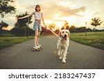 A Portrait of teenage girl petting golden retriever outside in sunset running on her longboard with dog