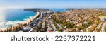 Small photo of Scenic famous Manly beach on Sydney Northern beaches in wide aerial panorama of harbour and distant CBD.
