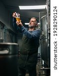 Small photo of brewer working in his mini craft brewery. He is examining the beer