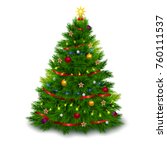 bushy decorated christmas tree... | Shutterstock .eps vector #760111537