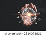 Small photo of Hand grasps virtual Global Internet connection metaverse, signifying convergence of business, technology, digital marketing. It encompasses financial and banking realms, digital link tech and big data