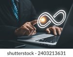 Small photo of Businessman emphasizes infinity symbol, indicating unlimited connection in data technology. Cyber space, future unlimited. Infinite power, energy, internet information. technology infinity data