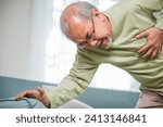 Small photo of Sad senior man feeling bad pain use hand touching chest having heart attack on sofa in living room, Worried Asian old man have congenital disease suffering from heartache alone at home his heart aches