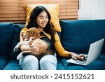 Small photo of On the sofa at home, a smiling woman works on her laptop as her Beagle dog naps by her side. Their peaceful coexistence highlights the friendly bond they share. Friendly Dog. Pet love