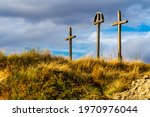 Three memorial crosses. Wooden  crosses to the Siege of Eger, Eger Castle, Eger, Hungary
