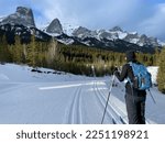 Female cross country skier in dark clothing and a blue backpack looks out at the snowy ski tracks, forest and mountain range before her on a sunny blue sky winter day