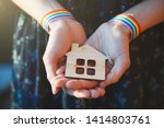 Small photo of young female hands with LGBT rainbow ribbon wristbands holding craft wooden house