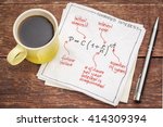 compound interest equation on a napkin with a cup of coffee against rustic wood table