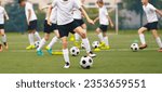 Small photo of Football soccer school for youth boys. Group of teenage boys kicking soccer balls during a training session. Kids play soccer training games on the training pitch. School kids in white jersey shirts