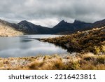 Small photo of Dove Lake and Cradle Mountain on a cool stormy spring afternoon near sunset in Cradle Mountain, Tasmania, Australia