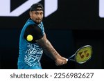 Small photo of MELBOURNE, AUSTRALIA - JANUARY 13: Nick Kyrgios of Australia plays against Novak Djokovic of Serbia in an Arena Showdown charity match ahead of the 2023 Australian Open at Melbourne Park