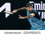 Small photo of MELBOURNE, AUSTRALIA - JANUARY 13: Nick Kyrgios of Australia plays against Novak Djokovic of Serbia in an Arena Showdown charity match ahead of the 2023 Australian Open at Melbourne Park