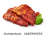 Raw bbq ribs, marinated meat for grill, isolated on white background.