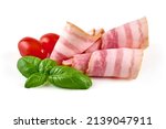 Small photo of Bacon slices, pork brisket, isolated on white background