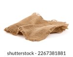 Old burlap fabric napkin, sackcloth piece isolated on white background