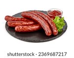BBQ Roasted pork sausages, close-up, isolated on white background