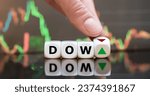 Small photo of Symbol for a changing trend of the Dow Jones Index. Hand turns dice and changes the orientation of an arrow next to the word DOW.