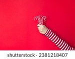 Hand of a white woman in red stripes holding red Christmas candy canes over red background