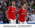 Small photo of Casemiro (L) of Manchester United celebrates after scoring a goal with Lisandro Martinez (R) - Manchester United v Newcastle United, Carabao Cup Final, Wembley Stadium, London, UK - 26th February 2023