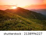 amazing mountains scenery, picturesque summer sunset view on meadow on background valley, Europe, Ukraine, Carpathian mountains