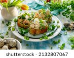 Small photo of Sandwiches with the addition of traditional vegetable salad, quail eggs and fresh green onions. An idea for an Easter breakfast