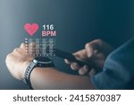 Man excercise and using smartwatch to monitoring and tracking health and heart rate by applications. technology and healthy concept.