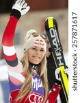 Small photo of Bansko,Bulgaria - March 2, 2015: Lindsey Vonn (USA) is happy with the 3 th place at the Audi FIS Alpine Ski World Cup Ladies' Super G on March 2, 2015 in Bansko, Bulgaria